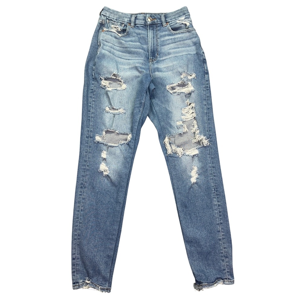 American Eagle Curvy Mom Jeans Distressed Ripped High Waist Denim Size 4 Long